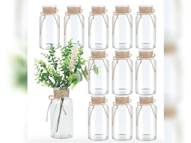 Lot 96-170436 - Vintage Glass Flower Vase，12 Pack Farmhouse Transparent White Glass Centerpiece Vases Mason Jars for...
