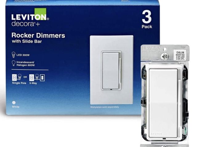 Lot 96-191115 - Leviton
Decora 600-Watt Single-Pole/
3-Way Universal Rocker Slide
Dimmer, White (3-Pack)
new