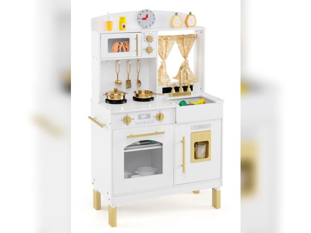 Lot 96-197701 - Play Kitchen for Kids Wooden Chef Pretend Playset with 3 Adjustable Heights Microwave, Gold
Open box...