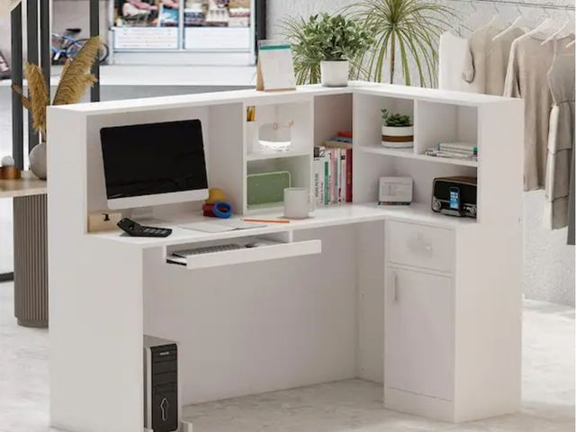 Lot 96-165990 - FUFU&amp;GAGA
55.9 in. L Shaped White Wood Executive Desk Reception Desk Computer Writing Desk W/Rem...