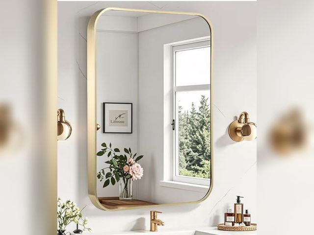 Lot 96-194081 - Gold Bathroom Mirror, 24x36 Inch Brushed Gold Mirror, Aluminum Alloy Framed Vanity Mirror, Rounded R...