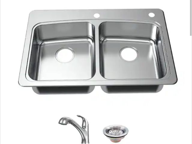 Lot 96-171836 - Glacier Bay Stainless Steel Kitchen Sink All-in-One, Top Mount, Two-Hole, Double Sink (50/50) with F...