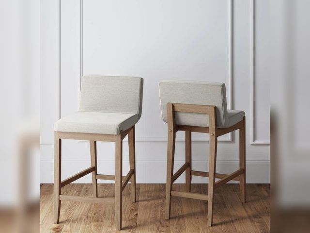 Lot 96-192462 - Gracie 24 in. Modern Counter Height Bar Stool with Back, Brushed Light Brown Wood Legs, Natural Flax...