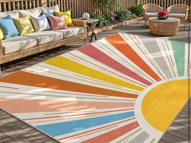 Lot 96-165807 - Multicolored Outdoor Indoor Area Rug Boho Sun Rainbow Washable Outdoor Patio Rugs Medieval Aesthetic...