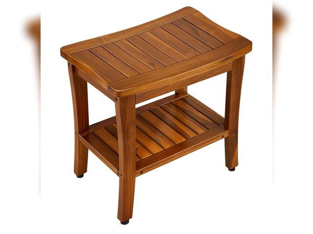 Lot 96-163879 - TEAKMAMA 20" Teak Shower Bench Waterproof Wooden Chair for Inside Use, Teak Shower Stool with Shelf ...