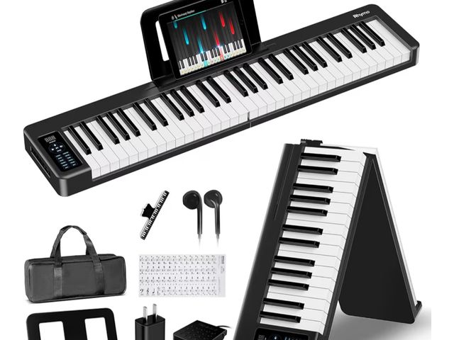 Lot 96-177489 - Rhymo 61 Key Folding Piano Keyboard, Semi-Weighted Full Size Keyboard Portable Piano with Music Rest...