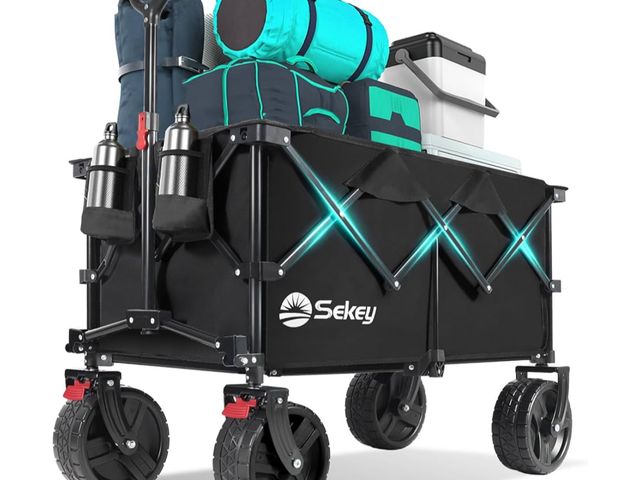 Lot 96-175790 - Collapsible Wagon Cart with Big All-Terrain Beach Wheels, Foldable Heavy Duty Wagons with Cup Holder...