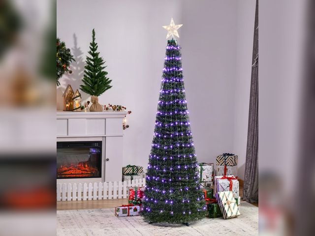 Lot 96-176674 - Outsunny 6ft Tall Pre-lit Slim Artificial Outdoor Christmas Tree Easy Assembly Pull Up Pop Out Yard ...