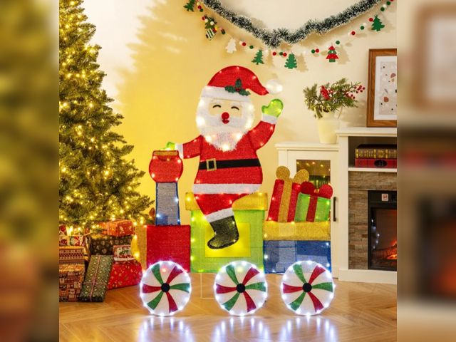 Lot 96-192210 - Tangkula Lighted Santa on Train Christmas Decoration, Indoor Outdoor 2D Santa Claus with LED Lights,...