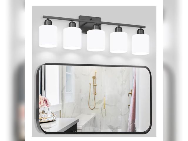 Lot 96-190212 - 6-Light Black Bathroom Vanity Light, Black Vanity Light with Milky White Frosted Glass Shades, Moder...