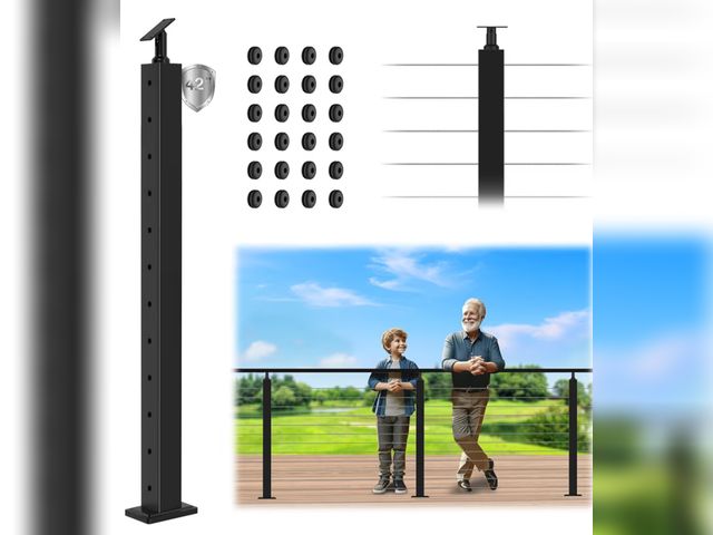 Lot 96-186069 - 42" Cable Railing Post, Adjustable Top Level Drilled Line Post with Cable Grommets, Stainless Steel ...