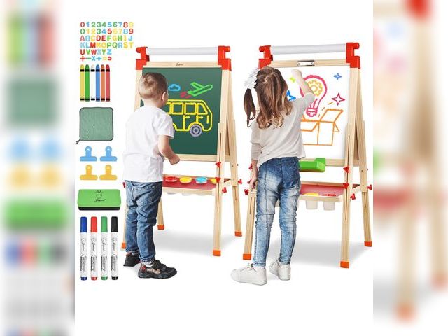 Lot 96-177666 - JOYOOSS Kids Wooden Easel with Paper Roll - Adjustable Magnetic Double Sided Drawing Board Whiteboar...