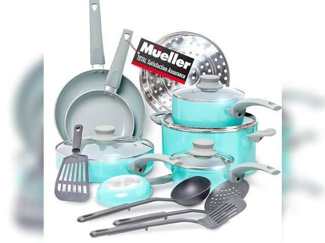 Lot 96-175917 - Mueller 16-Piece Non-Stick Stone Cookware Set with Steamer and Glass Lids, Turquoise

New
