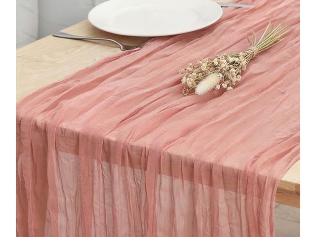 Lot 96-194894 - Case of 24 Dusty Pink Cheesecloth Table Runners, 35x120 Inch Pleated Boho Gauze Table Runner, Long S...