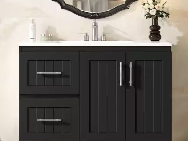 Lot 96-222312 - Afhocomp 36in. Floating Single Sink Black Bath Vanity with White Ceramic Top MSRP $447 
New