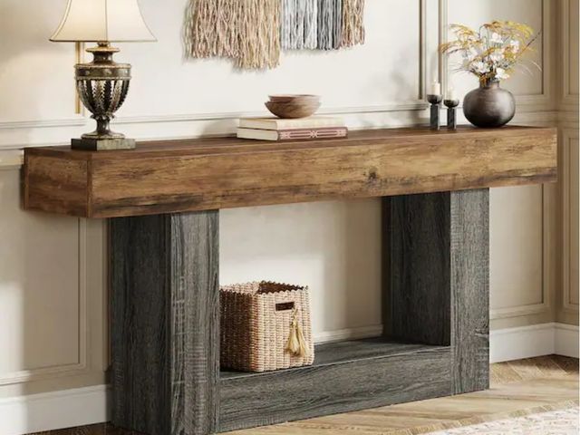 Lot 96-165987 - BYBLIGHT
63 in. Gray Rectangle Wood Console Table, Farmhouse 2-Tier Entryway Table with U-Shaped Bas...