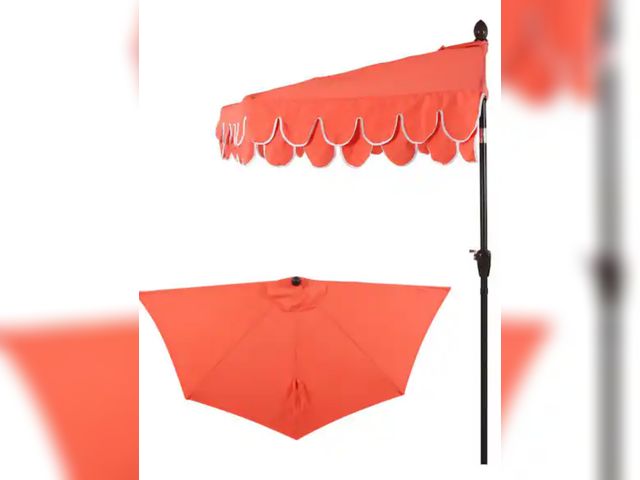 Lot 96-232862 - JONATHAN Y Terrace Arc 9 ft. Classic MidCentury Scalloped Fringe Market Half Patio Umbrella in Coral...