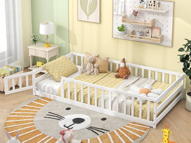 Lot 96-192253 - Giantex Twin Floor Bed for Kids, Wood Montessori Bed with Safety Guardrails, Floor Bed Frame for Kid...