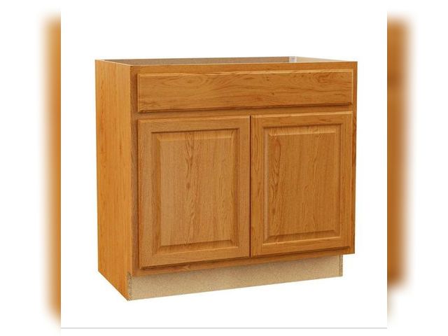 Lot 96-160128 - Hampton Bay Hampton 36 in. W x 21 in. D x 34.5 in. H Assembled Bath Base Cabinet in Medium Oak witho...