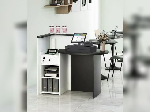 Lot 96-197366 - Giantex Reception Desk, Front Counter Desk with Lockable Drawer, Checkout Table with Round Tabletop
...