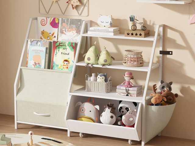 Lot 96-176905 - Kids Bookshelf Toy Storage and Organizer, Boys and Girls Muti-Functional Bookcase and Storage Bin
Ne...