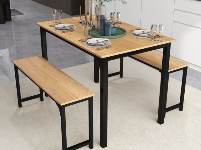 Lot 96-192353 - KOMFOTT Dining Table Set with 2 Benches, Industrial Kitchen Table &amp; Chairs with Metal Frame New ...