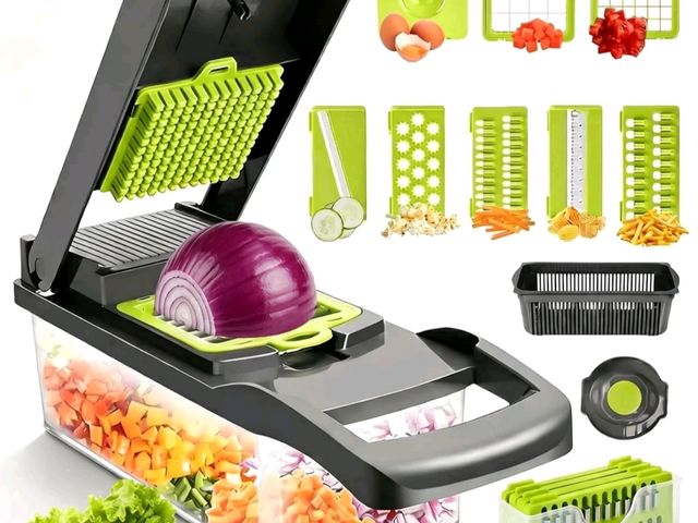 Lot 96-230804 - 10-in-1 Vegetable Chopper Mandoline Slicer, 8 Blade Food Cutter with Colander Basket &amp; Storage C...