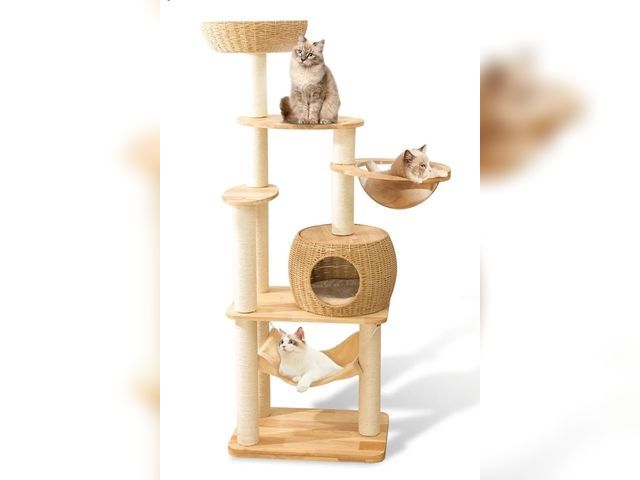 Lot 96-166288 - 59" Big Modern Cat Tree Tower, Cat Tower Sisal-Covered Scratching Posts for Indoor Cats, Oak Wood Ca...