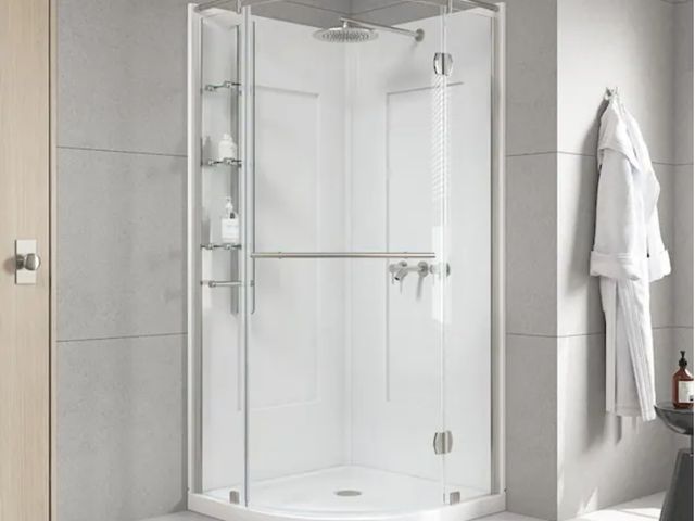 Lot 96-226908 - Glacier Bay Glamour 34 in. x 76.40 in. Corner Drain Corner Shower Kit in Satin Nickel and White Corn...