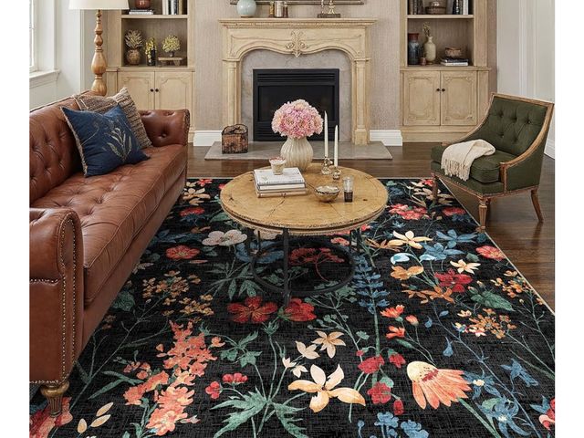 Lot 96-170123 - Black Area Rug 8x10 Floral Washable Living Room Kitchen Boho Carpet Non Slip Low Pile Indoor Accent ...