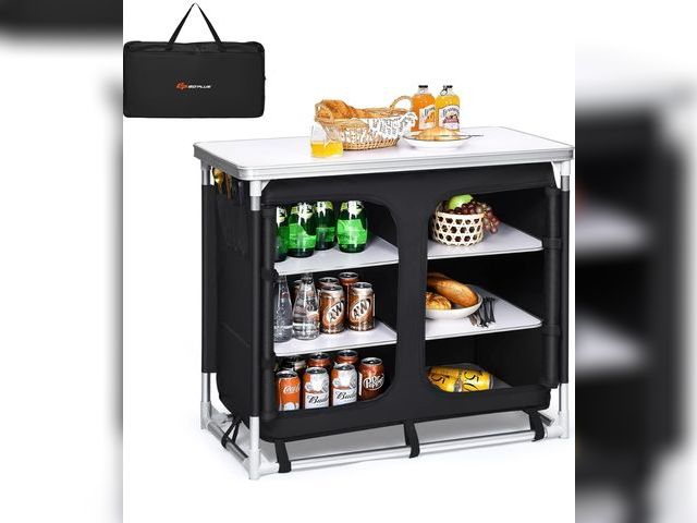 Lot 96-176851 - Goplus Camping Table with Storage, Aluminum Portable Camp Kitchen Cabinet Table with Carrying Bag, L...
