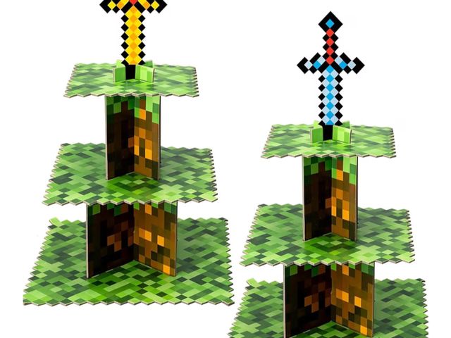 Lot 96-194840 - Six Pack of Minecraft Party Themed 3-Tier Cupcake Holders, Anime Birthday Party Supplies for Wedding...