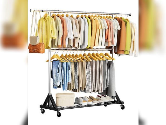 Lot 96-187810 - Luxspire Heavy Duty Clothes Rack Load 600 LBS, Double Rod Clothing Rack, Rolling Garment Racks with ...