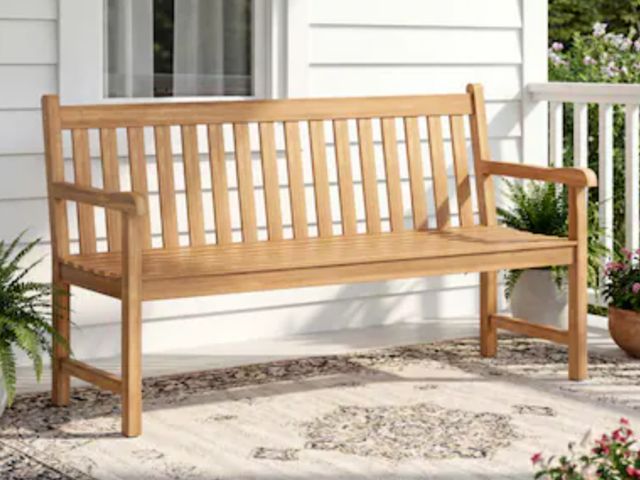 Lot 96-227060 - BABOOM Patio Bench 60-in W x 36-in H Natural Teak Garden Bench
Open box 
Hardware in Ziploc 
Msrp $2...