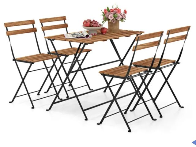 Lot 96-227675 - Costway 
5 Piece Patio Acacia Wood Dining Set with 4 Folding Chairs New MSRP $159