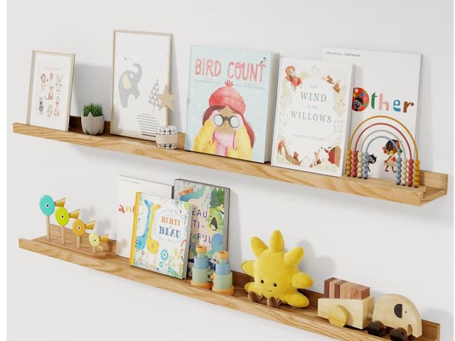 Lot 96-177447 - Solid Ash Wood Picture Ledge Shelf, Wood Floating Shelves Set of 2, 48 Inch Long Large Photo Ledge S...
