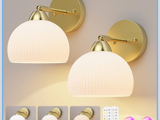 Lot 96-174461 - HURYEE Vintage Battery Operated Wall Sconce, Wireless Gold Glass Sconces with Remote Control, RGB Di...