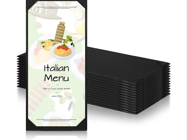 Lot 96-227654 - Jexine 12 Pcs Restaurant Menu Covers Single Page Panel Holders with Angled Corners, Black, 4.25" x 1...