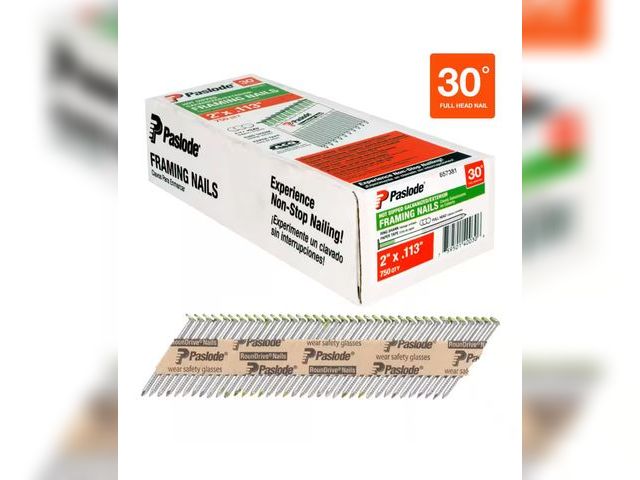 Lot 96-164942 - Paslode
2 in. x 0.113 Round Drive 30-Degree Steel Galvanized Ring Shank Paper Tape Framing Nails 

N...
