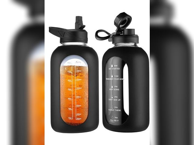 Lot 96-191325 - CIVAGO 64 oz Glass Water Bottle Jug with Straw and Handle, Half Gallon Sports Motivational Water Bot...