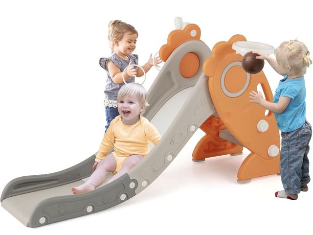 Lot 96-197980 - BABY JOY Toddler Slide for Kids, 4 in 1 Indoor Foldable Kids Slide w/Climber, Basketball Hoop &amp; ...