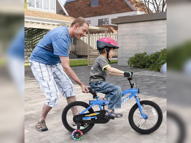 Lot 96-197622 - COSTWAY 16” Lighted Kids Bike, Children Sport Bicycle with LED Light-up Frame, Adjustable Saddle, Tr...