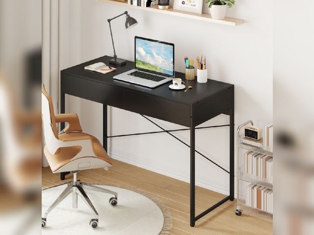 Lot 96-226966 - Costway CB10929DK 2 Drawers 44 in. Home Office Desk with Metal Frame - Black
Open box 
Appears to ha...