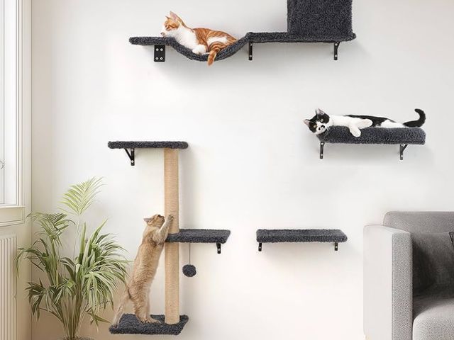 Lot 96-170442 - FUKUMARU Cat Wall Shelves, Stable &amp; Safe 4 in 1 Cat Furniture Set, Wooden Climbing Wall with Scr...