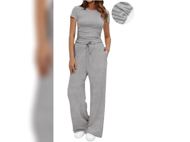 Lot 96-230651 - UVN Summer 2 Piece Outfit Set for Women Ruched Short Sleeve Tops and Wide Leg Pants Casual Tracksuit...