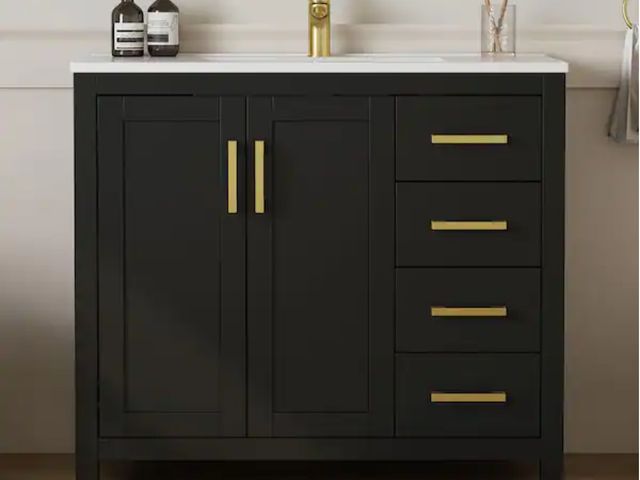 Lot 96-198767 - DELUXE DL LIVING
Raven 37 in. Single Sink Black Bath Vanity with White Engineered Solid Surface Top ...