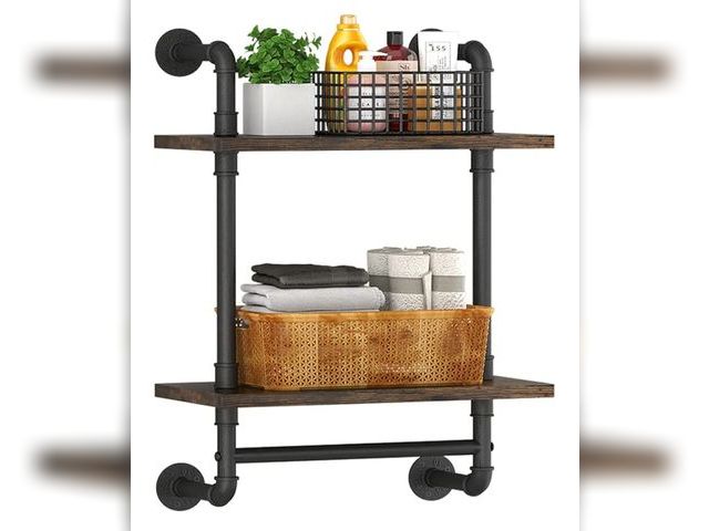 Lot 96-166285 - Helsin Industrial Pipe Floating Bathroom Shelves Wall Mounted with Towel bar, 2 Tier Rustic Wood Wal...