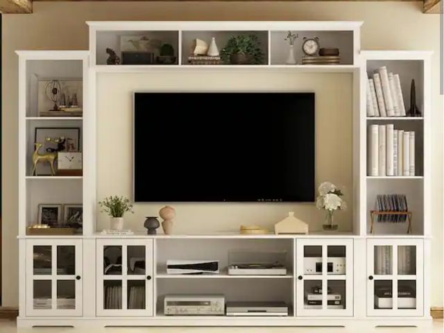 Lot 96-166008 - FUFU&amp;GAGA White Wooden TV Stand Fits TV's up to 75 in. with Open Shelves and Tempered Glass Door...