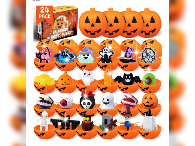 Lot 96-193464 - DMIGHT Halloween Party Favors for Kids, 48 Pcs Pumpkin with Wind-up Toy Keychain Squishy and Buildin...