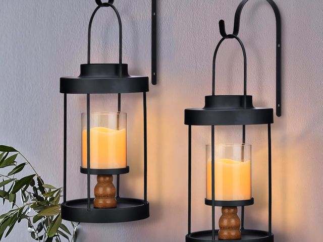 Lot 96-186841 - Metal Wall Sconce Candle Lantern Set of 2 - Black Wall Mounted Wood and Metal Hanging Holder with Gl...